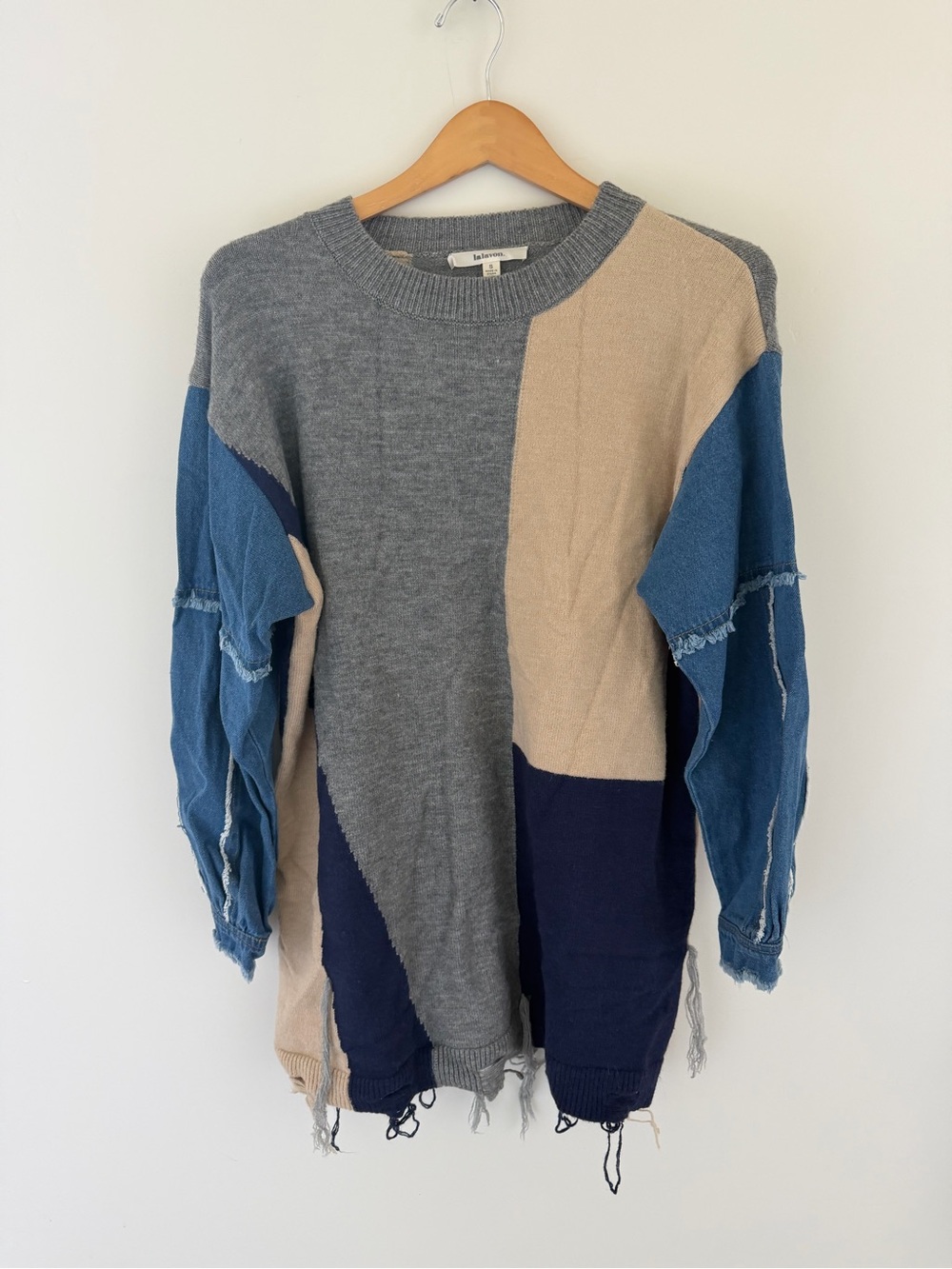 Womens Colorblock Crewneck Sweater - Gray, Beige & Blue